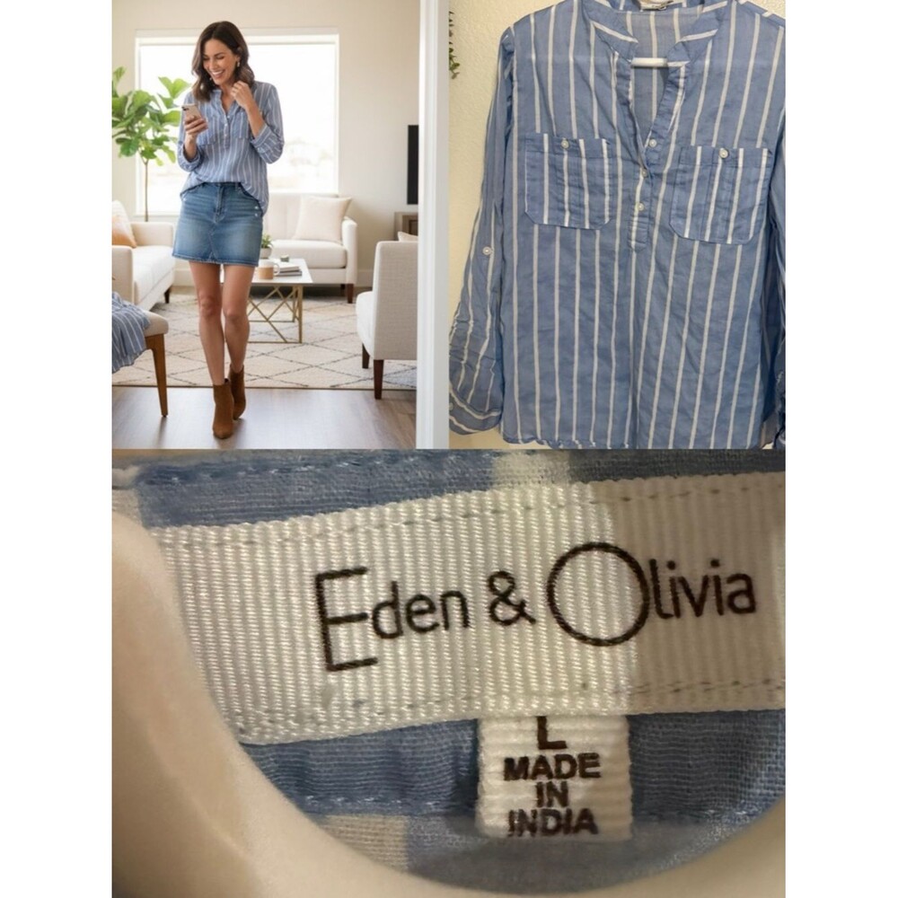 Eden & Olivia Blue and White Vertical Stripe Popover Blouse